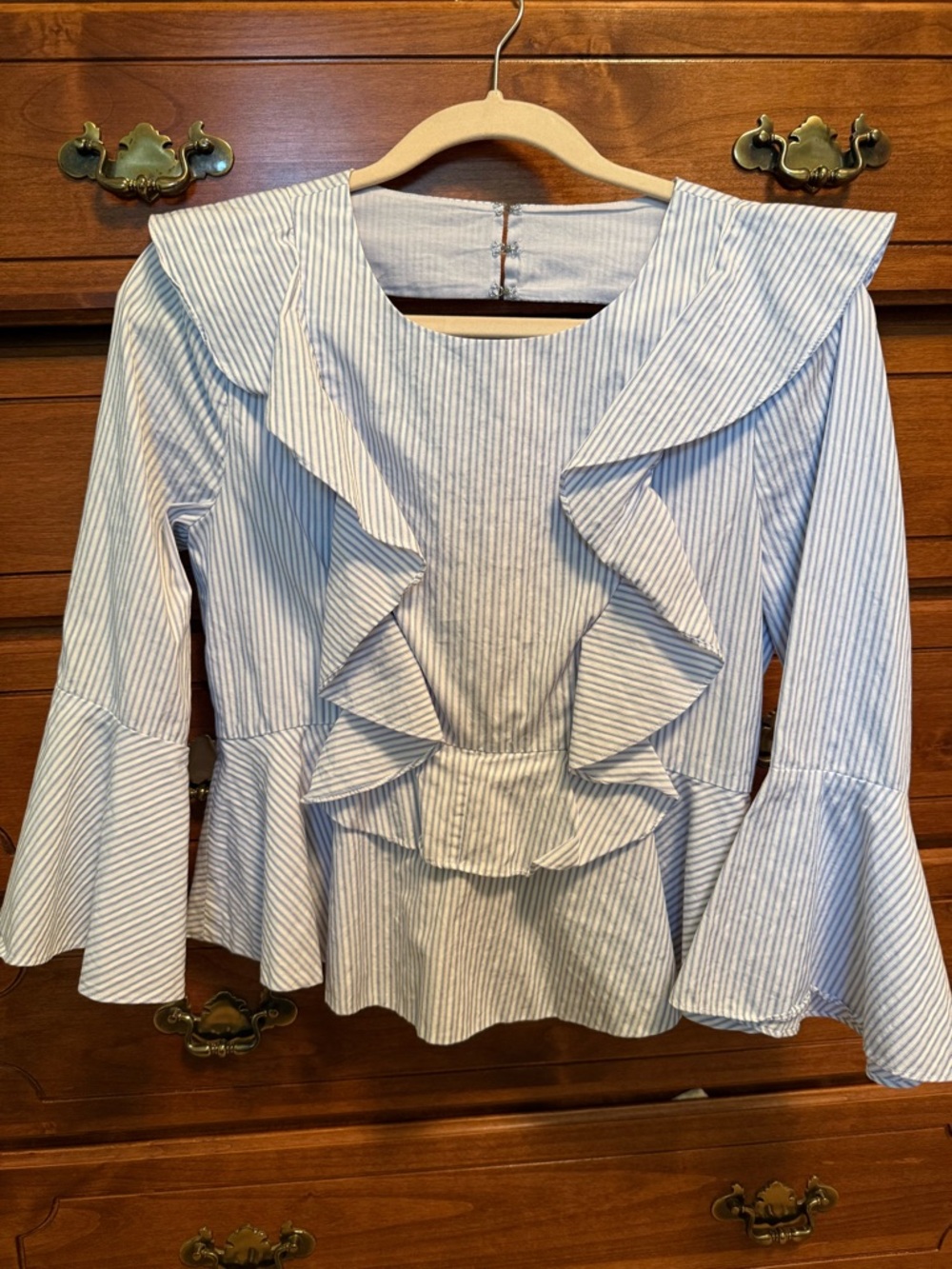 BCBGMaxAzria Light Blue & White Striped Ruffle Peplum Blouse